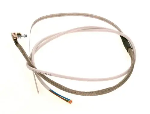 Heizelement von Bosch mit Verbindungskabel und Anschlussstück. Das Kabel zeigt eine graue Ummantelung und mehrere blanke Drähte auf der einen Seite.
